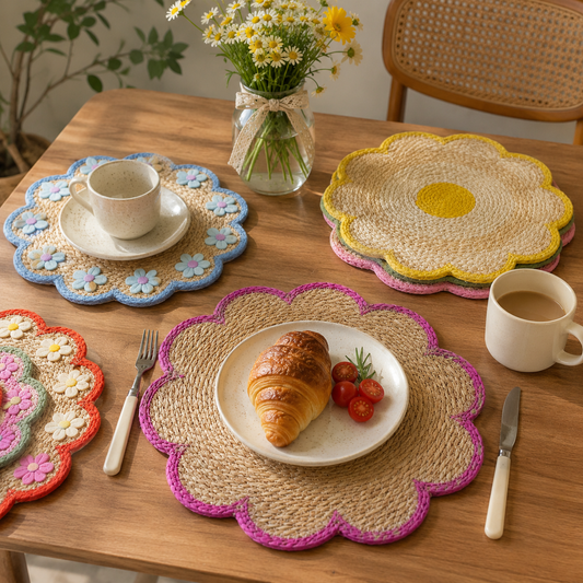 Handwoven Flower Placemats 38cm Cotton Rope Scalloped Edge Dining