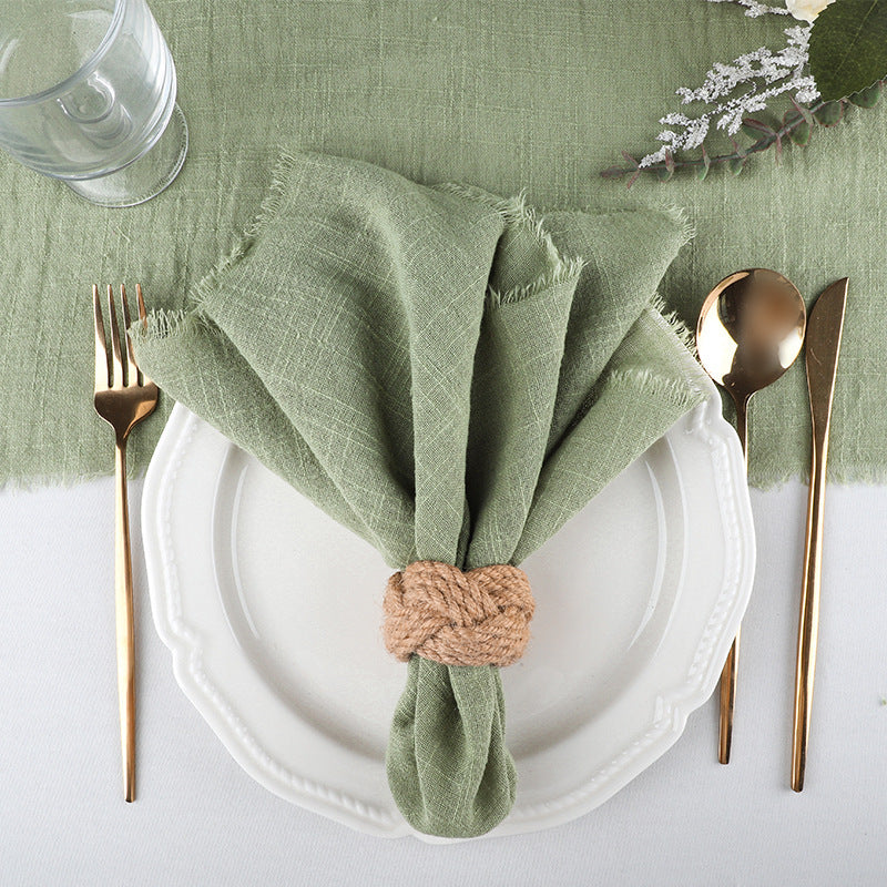 Cotton Sage Green Fringed Napkins Square Gauze Textured Dinner